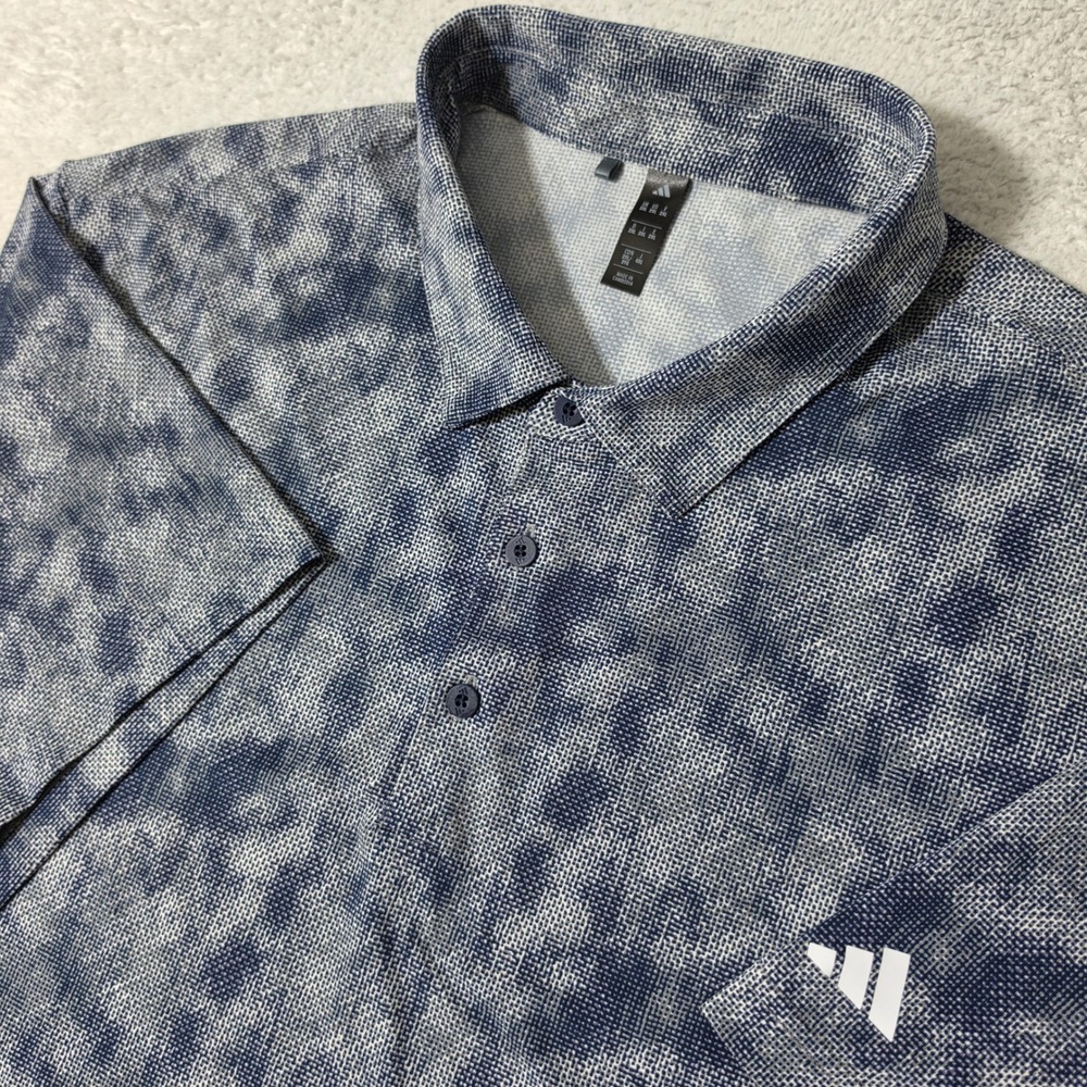 NEW Adidas Polo Shirt Mens 2XL Blue Stretch‎ Graphic Golf Sport JL5289